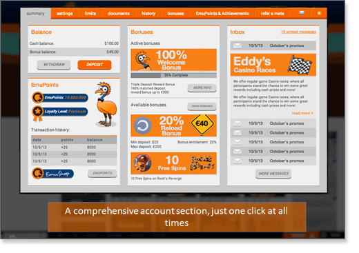 Emu Casino User Account Interface