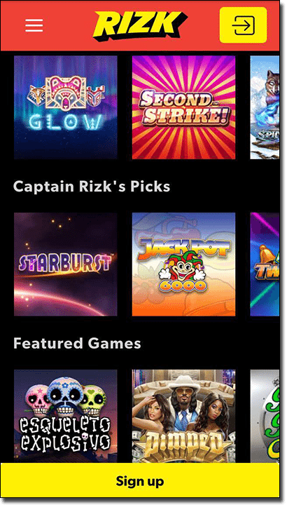 Rizk mobile casino site games list